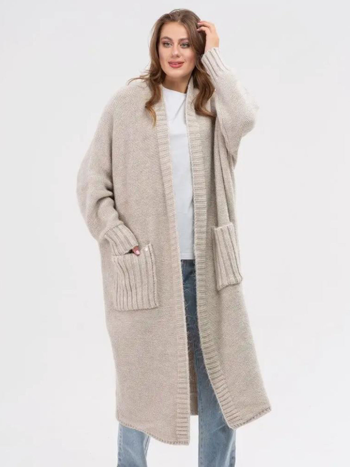 Pocketed Open Front Long Sleeve Longline Cardigan - ClassiQ