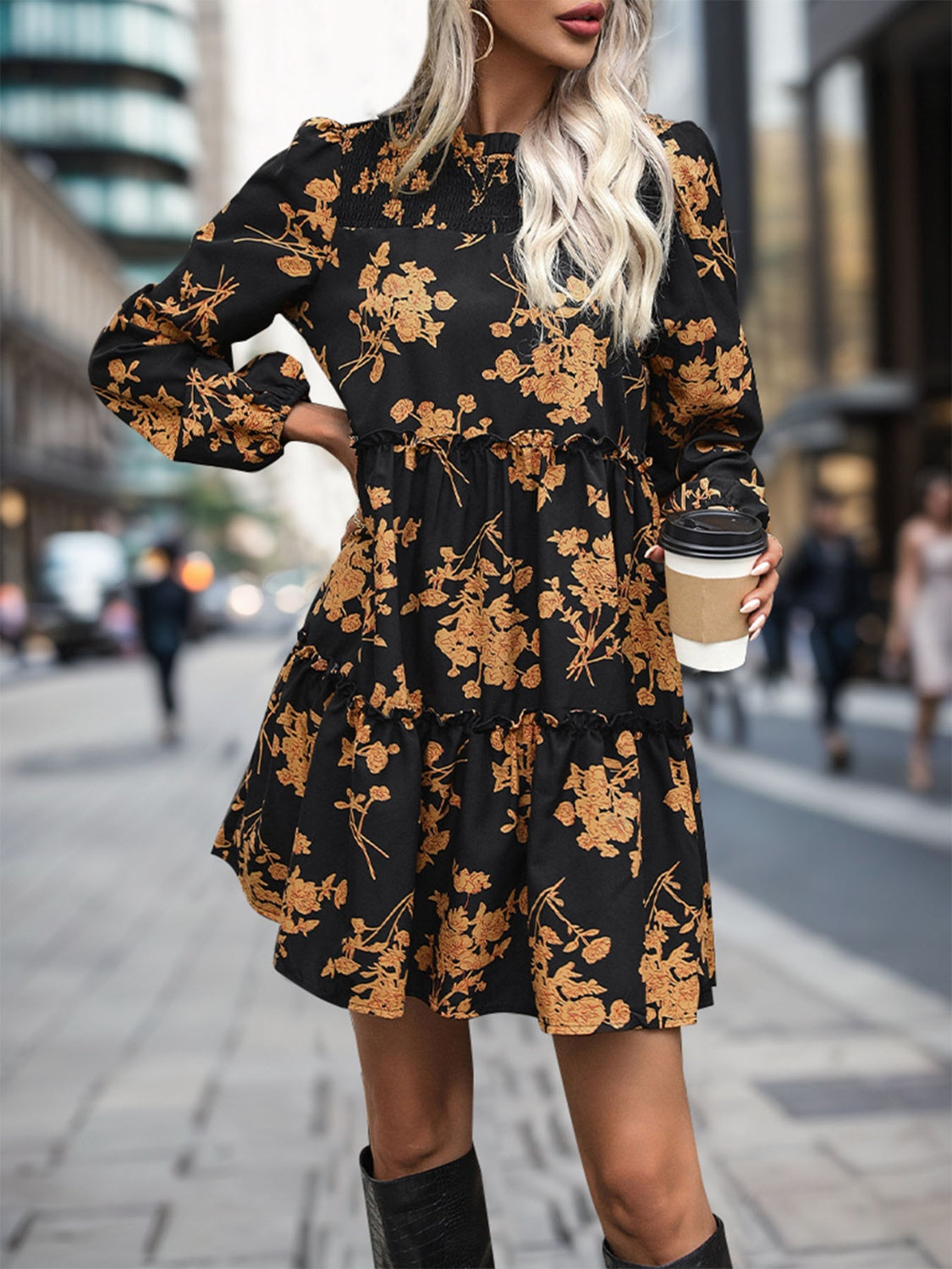 Perfee Frill Printed Long Sleeve Mini Dress - Classique Collection