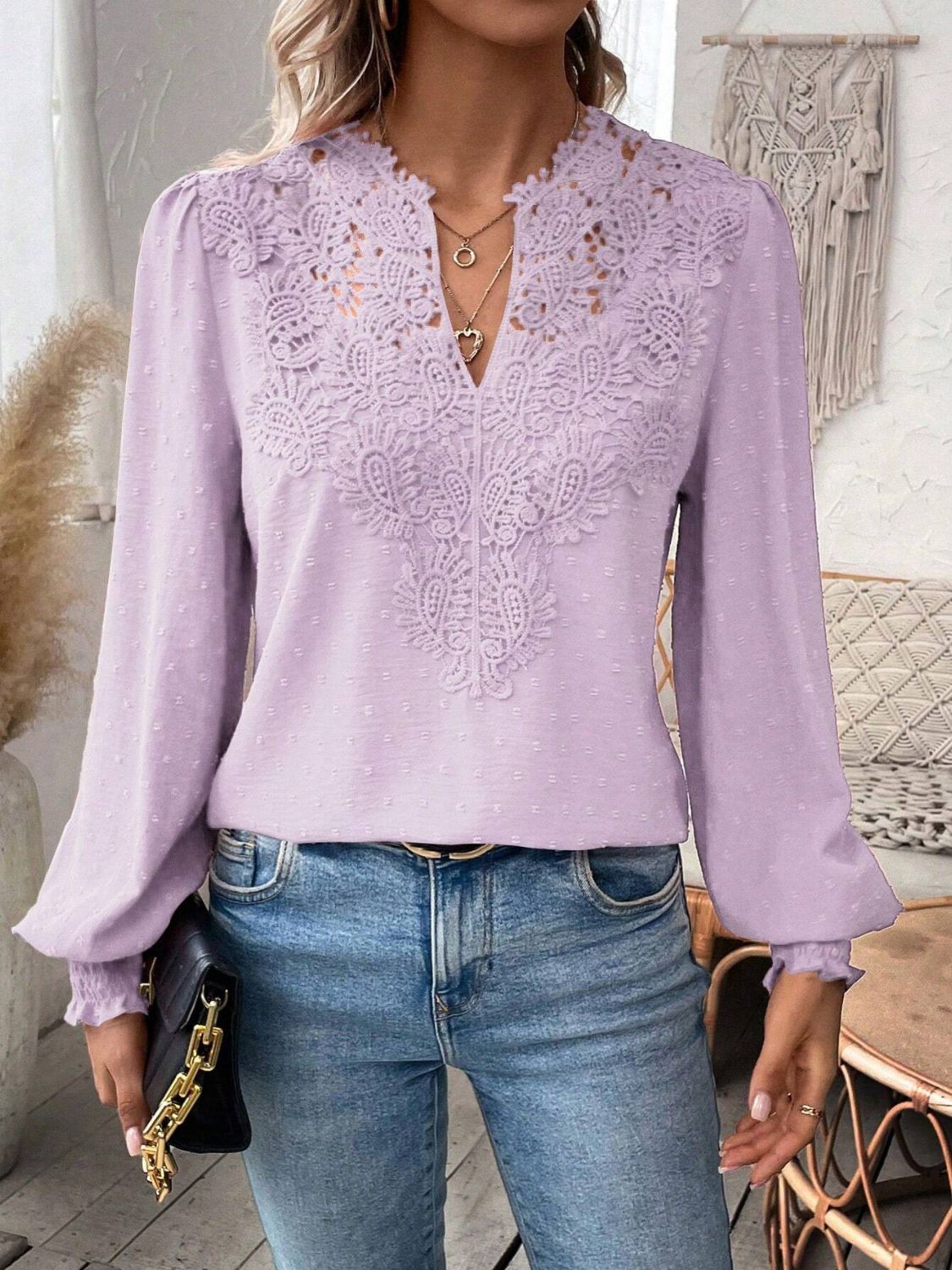 Swiss Dot Lace Detail Notched Long Sleeve Blouse - Classique Collection