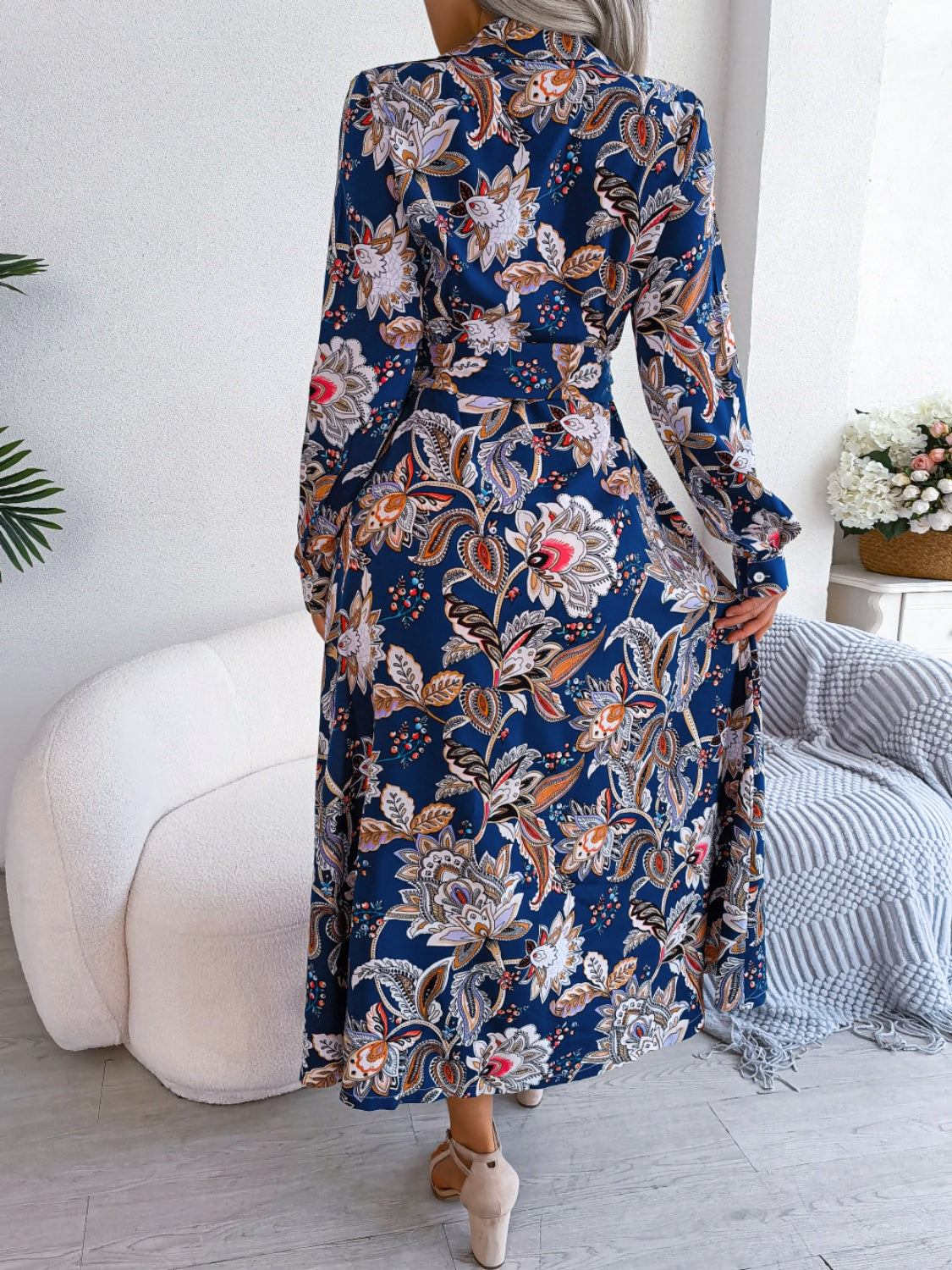 Tied Printed Long Sleeve Midi Dress - Classique Collection