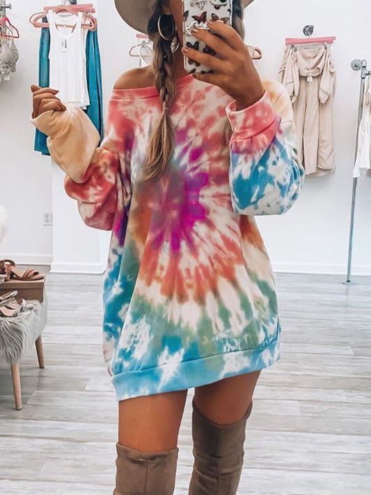 Full Size Tie-Dye Round Neck Long Sleeve Dress - Classique Collection
