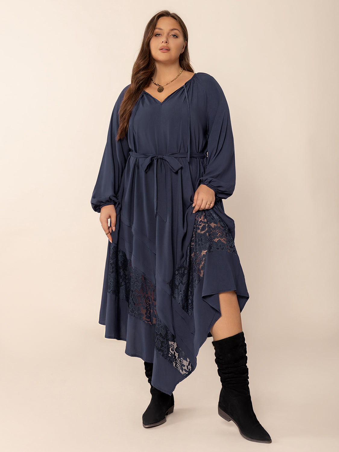 Plus Size Lace Detail Tie Neck Long Sleeve Midi Dress - Classique Collection