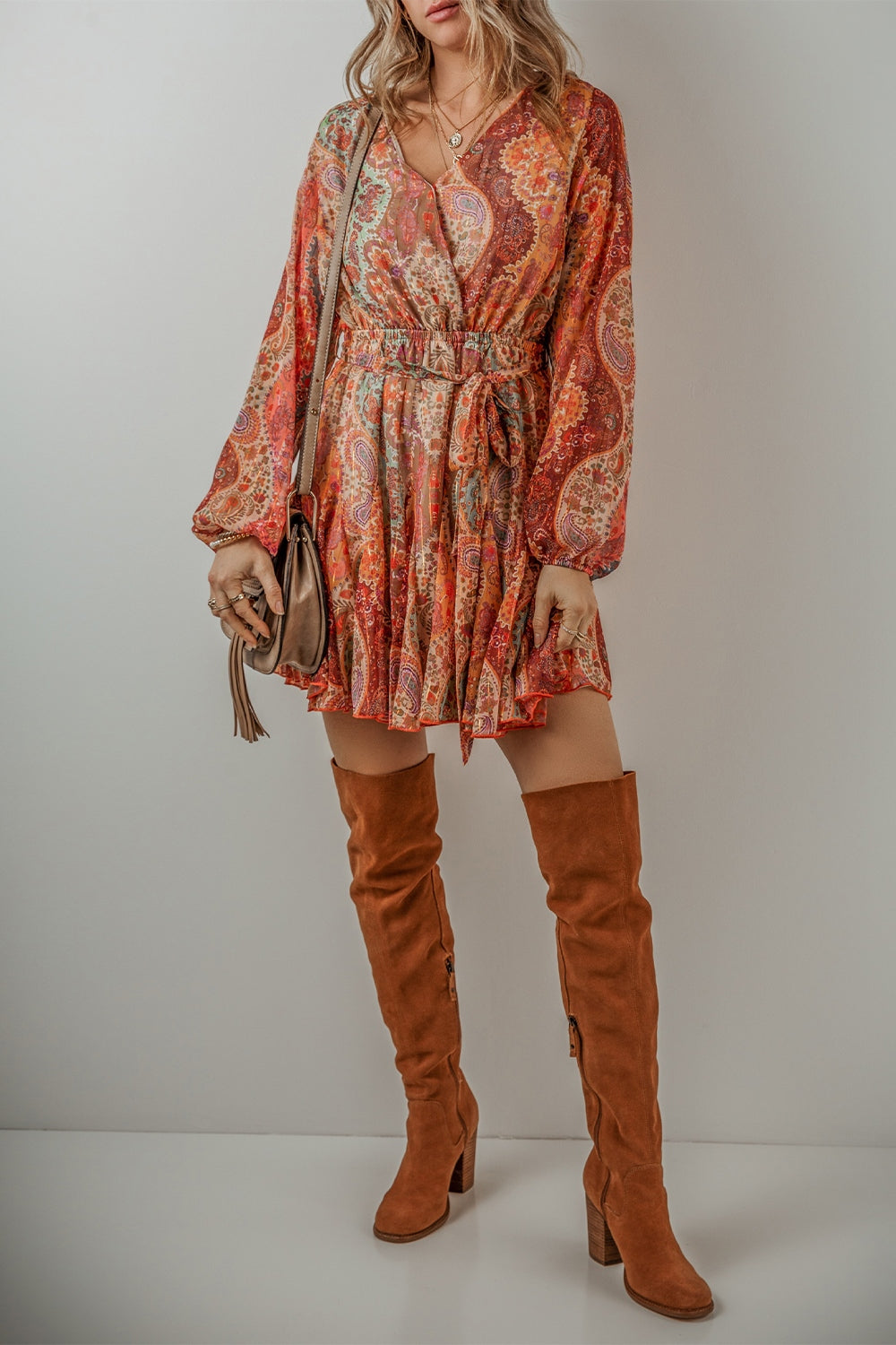 Tied Printed Balloon Sleeve Mini Dress - Classique Collection