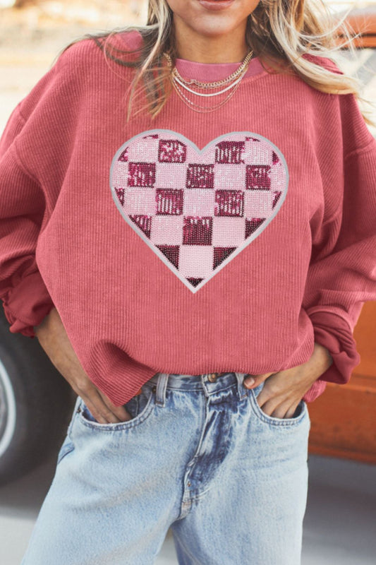 Valentine’s Day Sequin Checkered Heart Long Sleeve Sweatshirt - Classique Collection