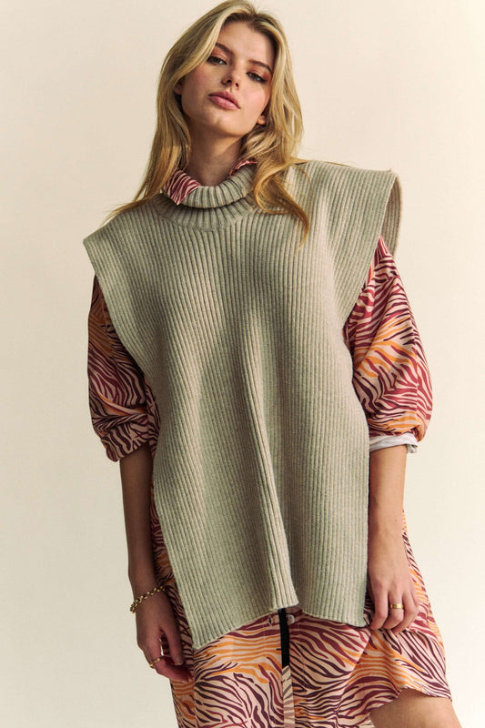 Davi & Dani Side Split Turtleneck Sleeveless Knit Top - Classique Collection