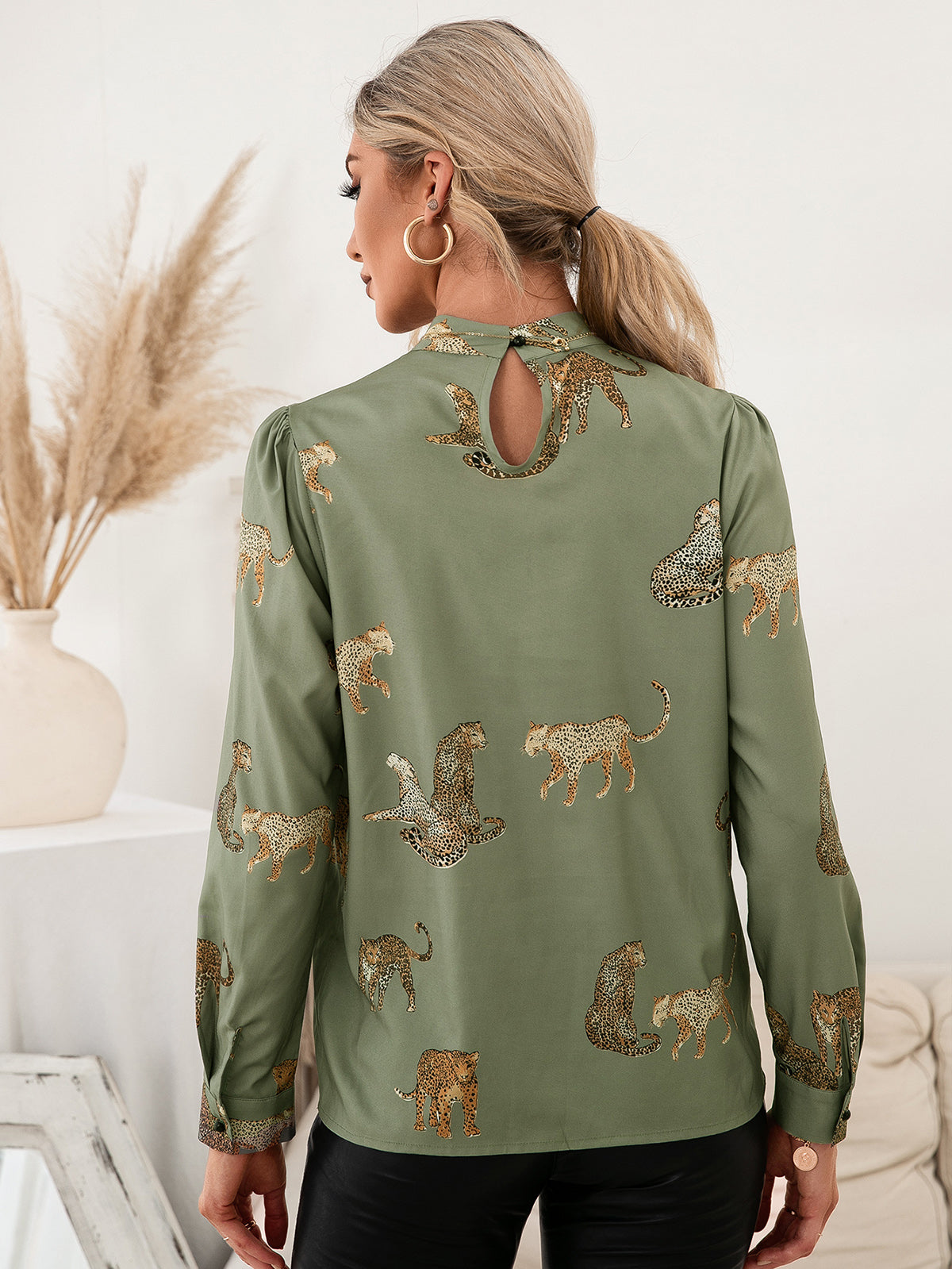 Ivy Lane Leopard Graphic Mock Neck Puff Sleeve Blouse - Classique Collection