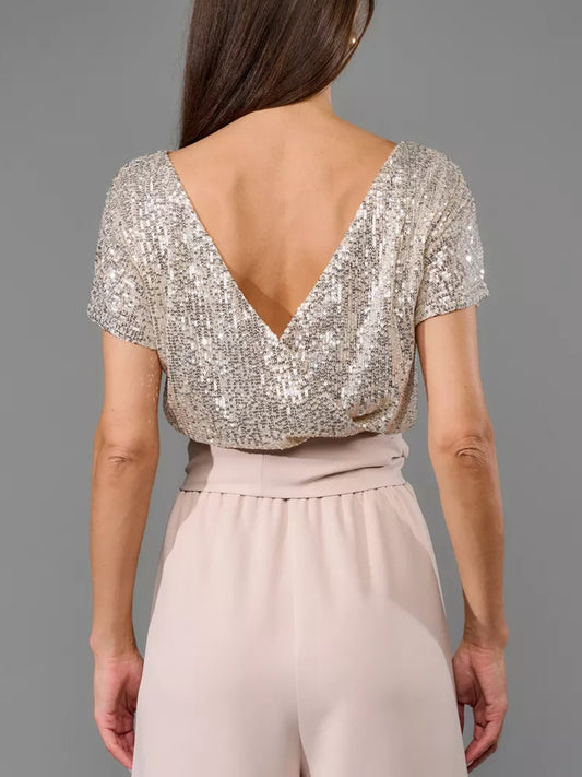 Full Size Sequin Round Neck Short Sleeve Wide Leg Jumpsuit - ClassiQ