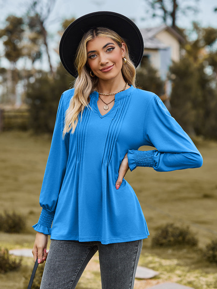Notched Neck Flounce Sleeve Blouse - Classique Collection