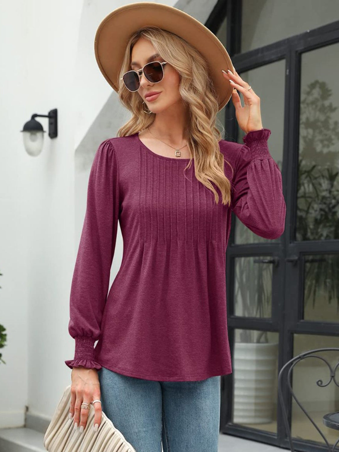 Smocked Round Neck Lantern Sleeve Blouse - Classique Collection