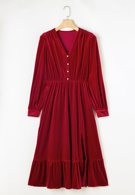 Ruffle Hem Slit V-Neck Long Sleeve Dress - Classique Collection