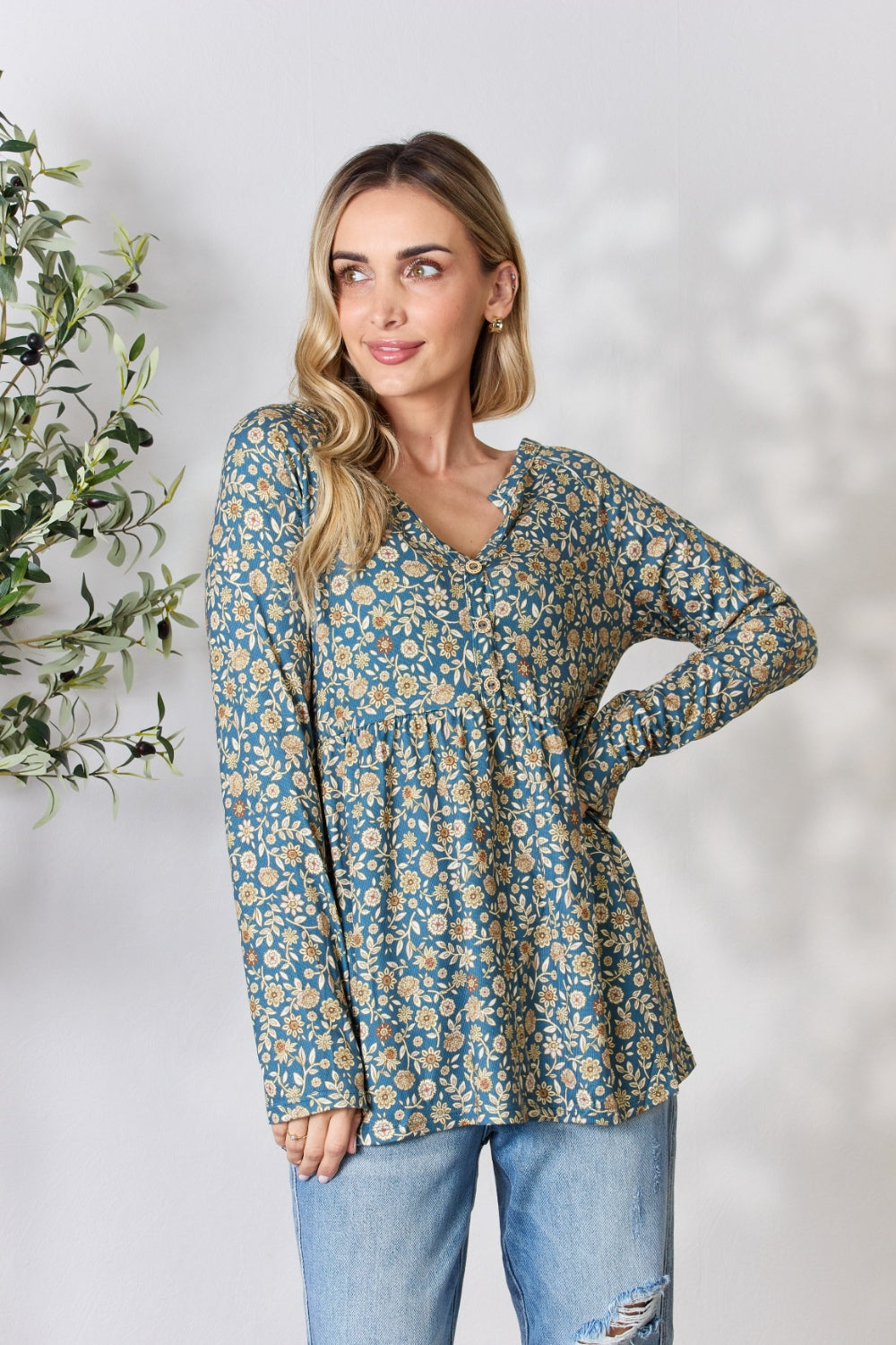Heimish Full Size Floral Half Button Long Sleeve Blouse - Classique Collection
