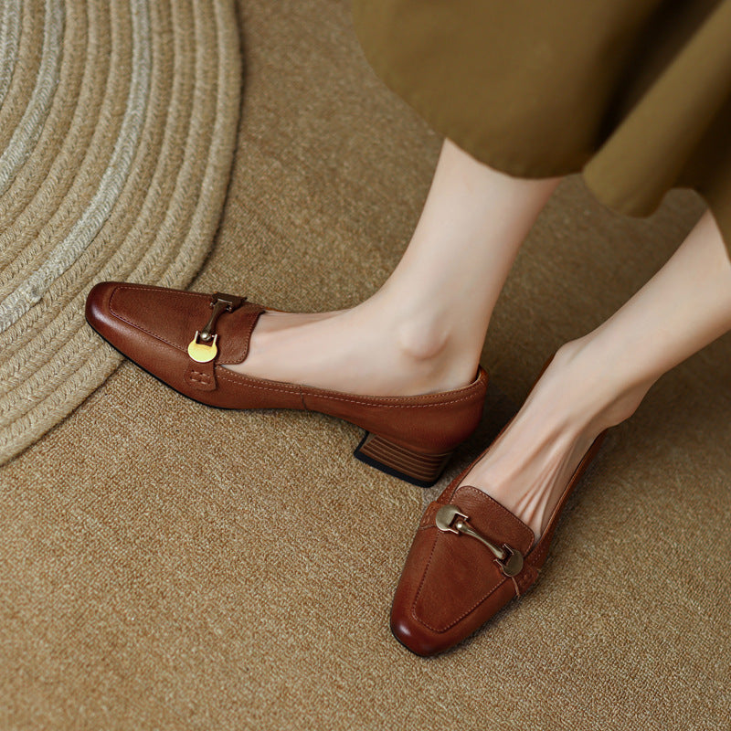 Spring And Autumn New Retro Square Toe Leather Shoes For Women ClassiQ