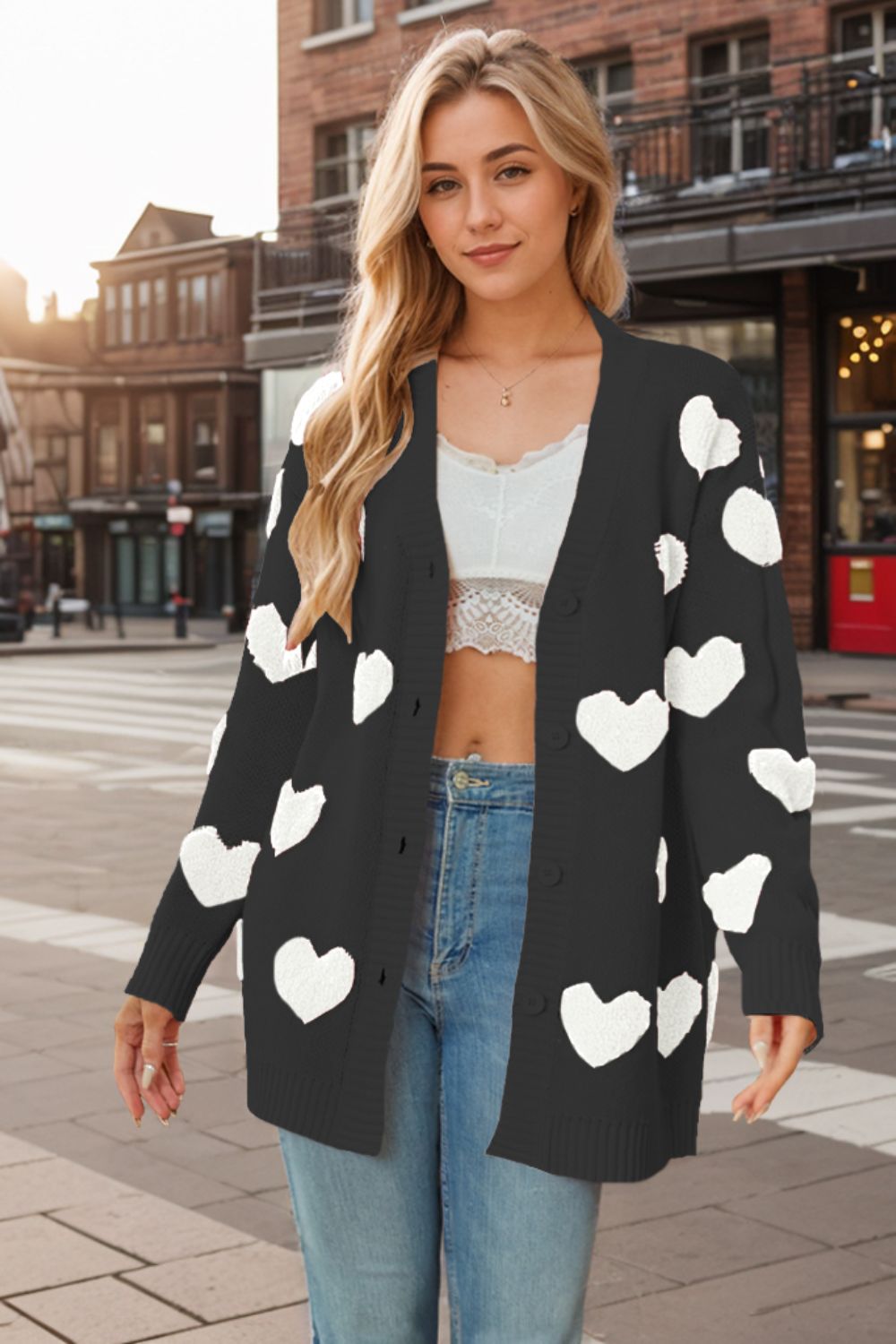 Heart Button Down Long Sleeve Cardigan - ClassiQ