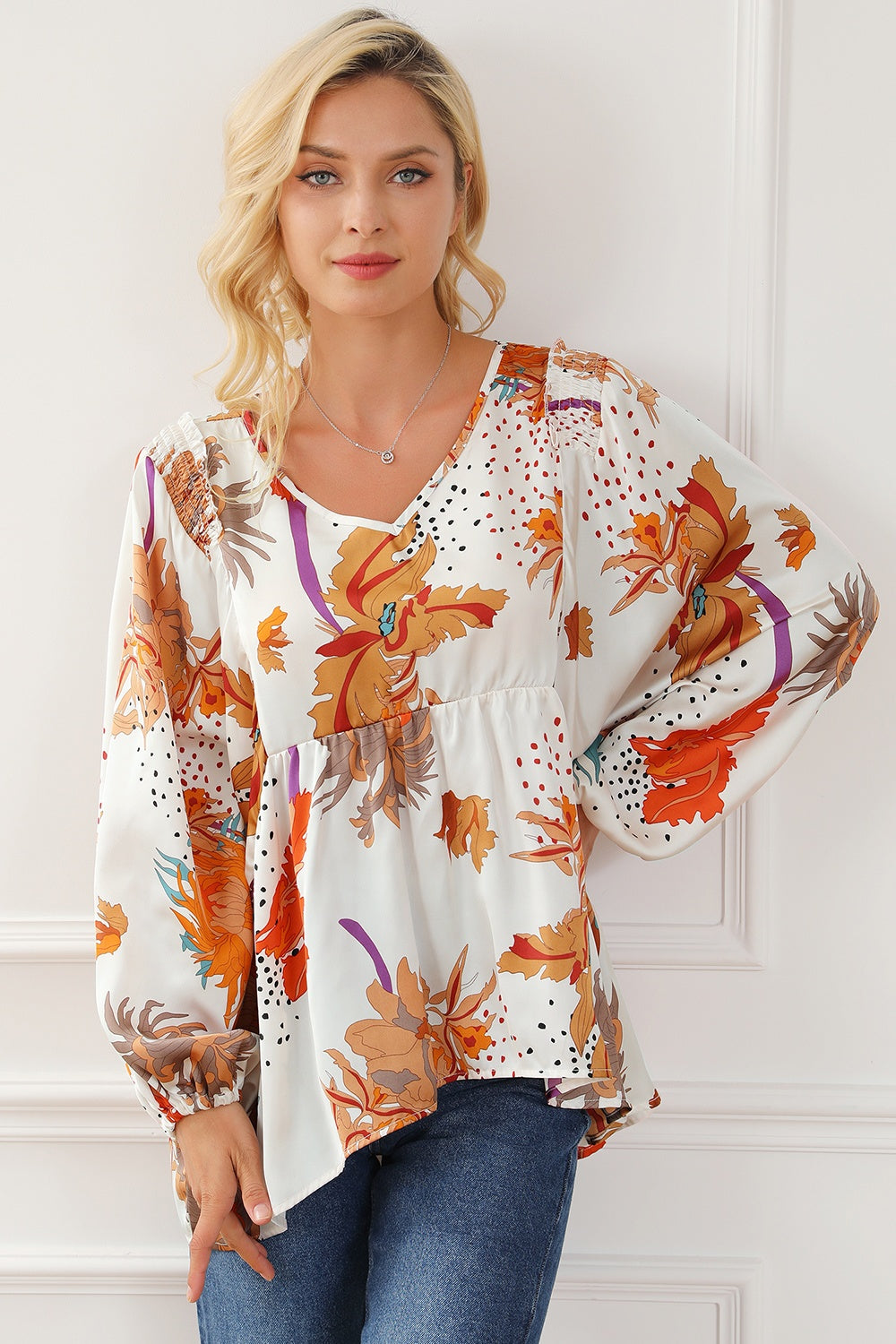 Printed V-Neck Smocked Balloon Sleeve Blouse - Classique Collection