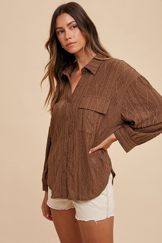 Annie Wear Openwork Button Down Drop Shoulder Shirt - ClassiQ