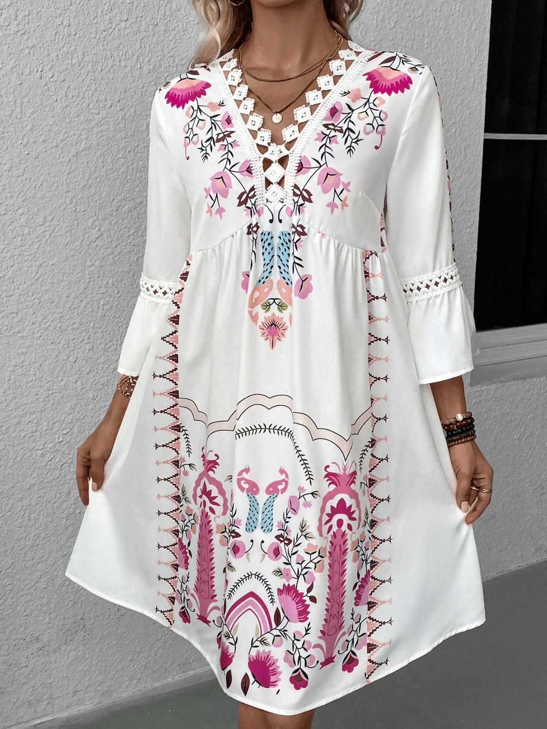 Lace Detail Printed Three-Quarter Sleeve Dress - Classique Collection