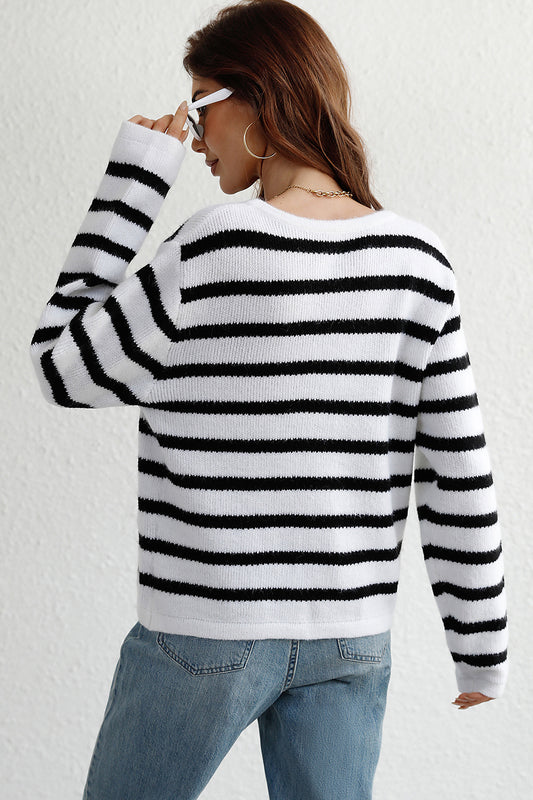 Striped Button Down Long Sleeve Cardigan - ClassiQ