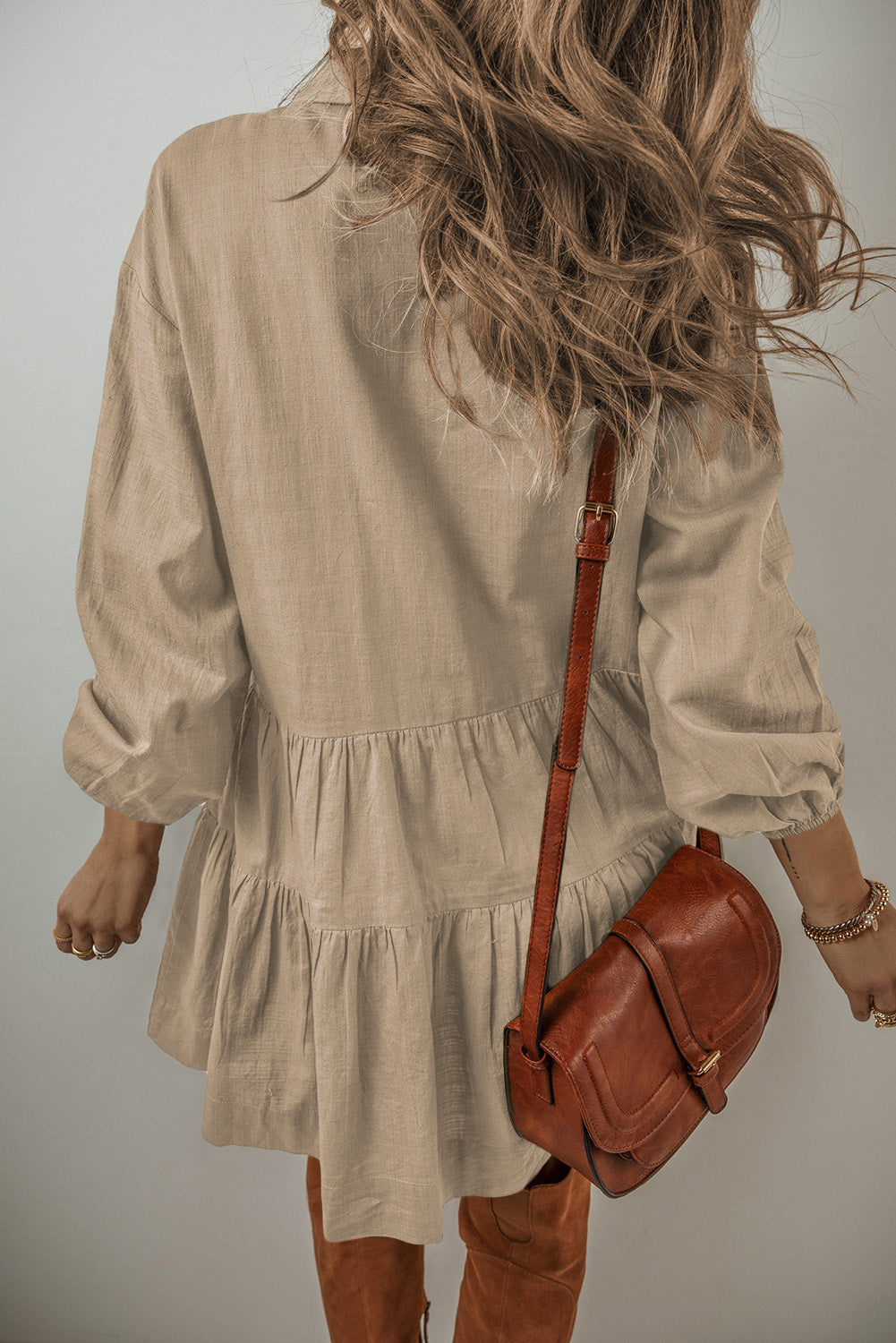 Tiered Collared Neck Balloon Sleeve Shirt Dress - Classique Collection