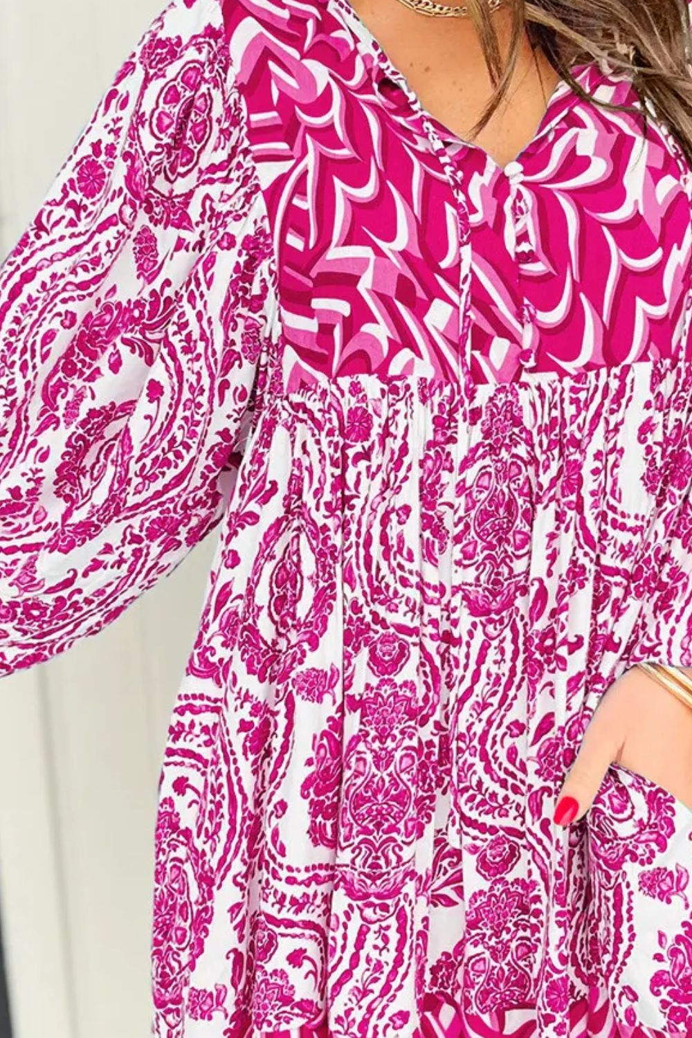 Printed Tie Neck Long Sleeve Mini Dress - Classique Collection