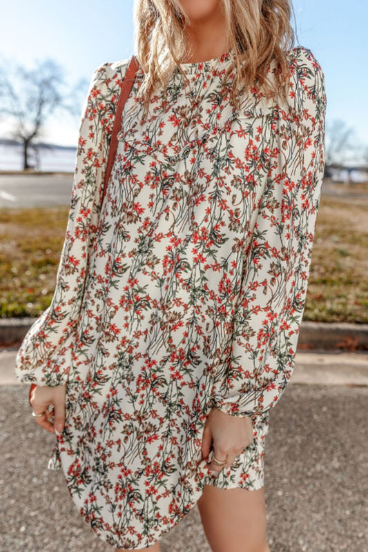 Floral Round Neck Long Sleeve Dress - Classique Collection