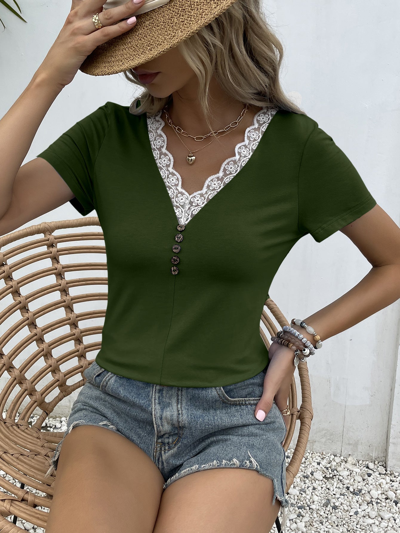 Ivy Lane Lace Trim V-Neck Short Sleeve Blouse - ClassiQ