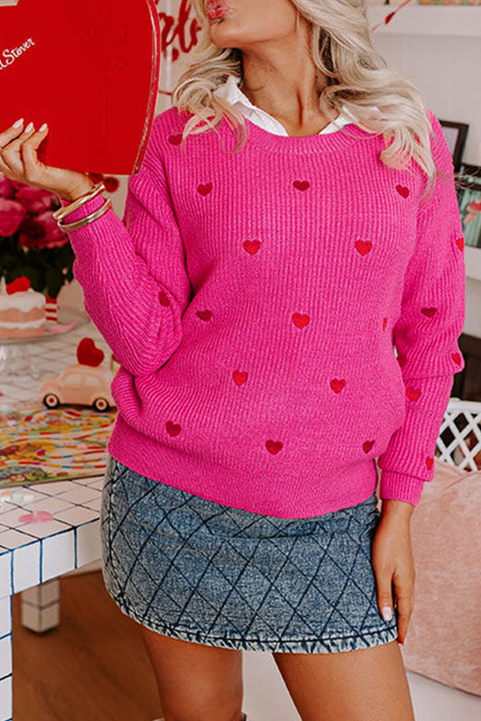 Rose Red Heart Pattern Drop Shoulder Round Neck Sweater - ClassiQ