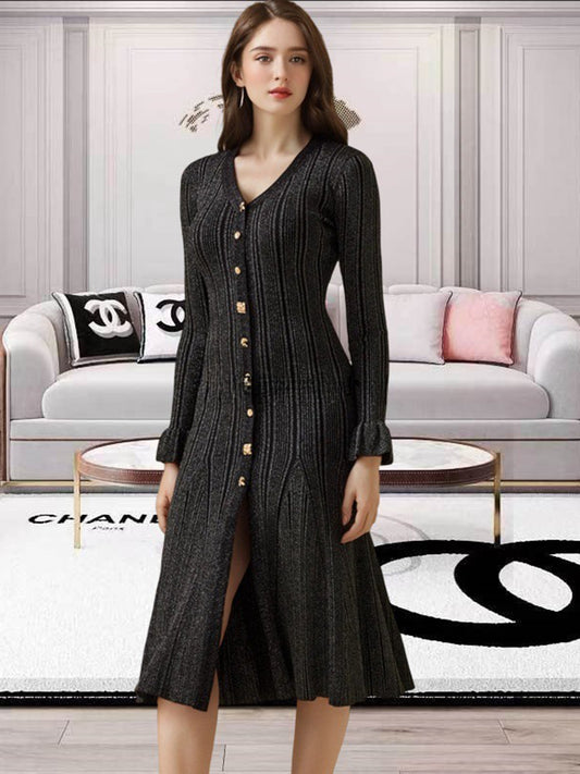V-Neck Flounce Sleeve Sweater Dress - Classique Collection