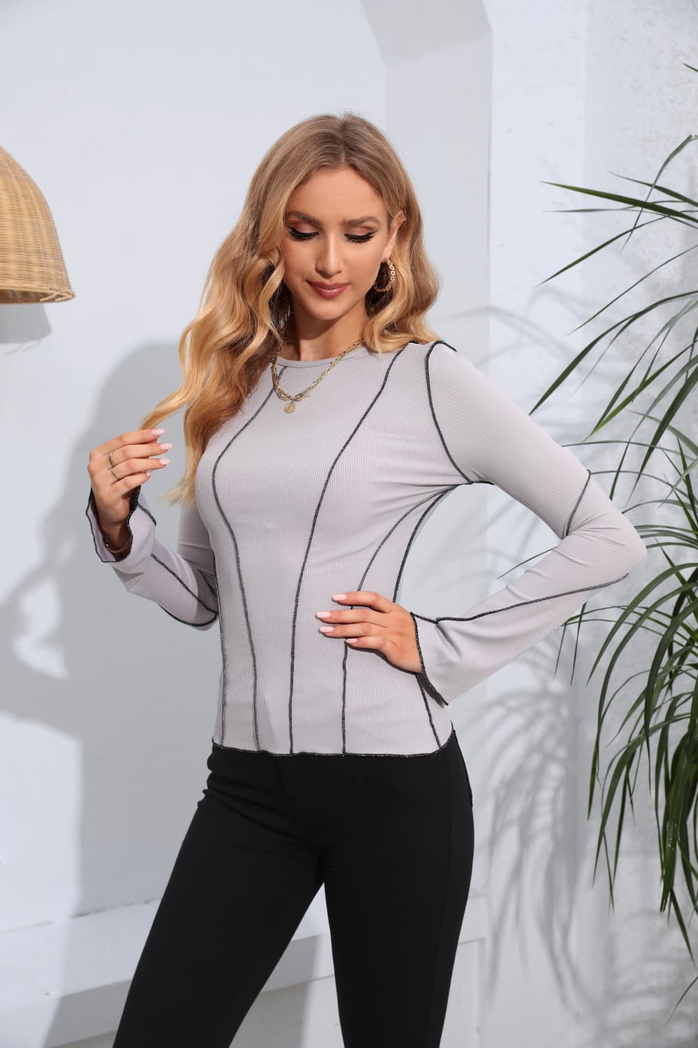 Ribbed Round Neck Long Sleeve Blouse - Classique Collection