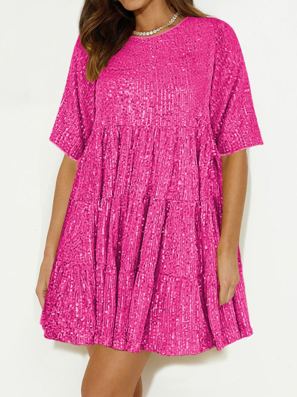 Sequin Round Neck Half Sleeve Mini Dress - Classique Collection