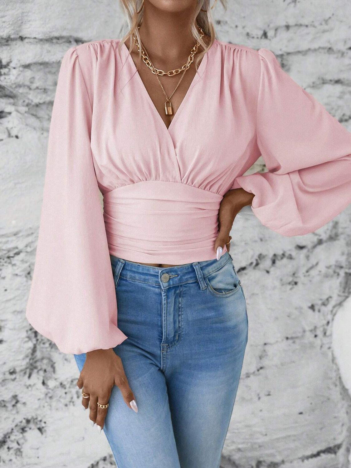 Smocked Surplice Balloon Sleeve Top - Classique Collection
