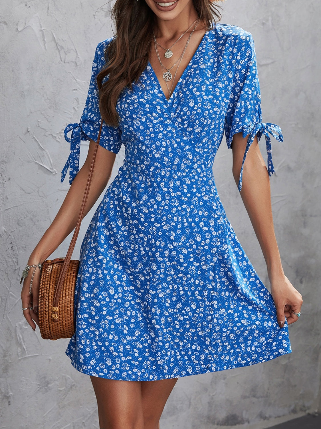 Honey Printed Surplice Short Sleeve Mini Dress - Classique Collection