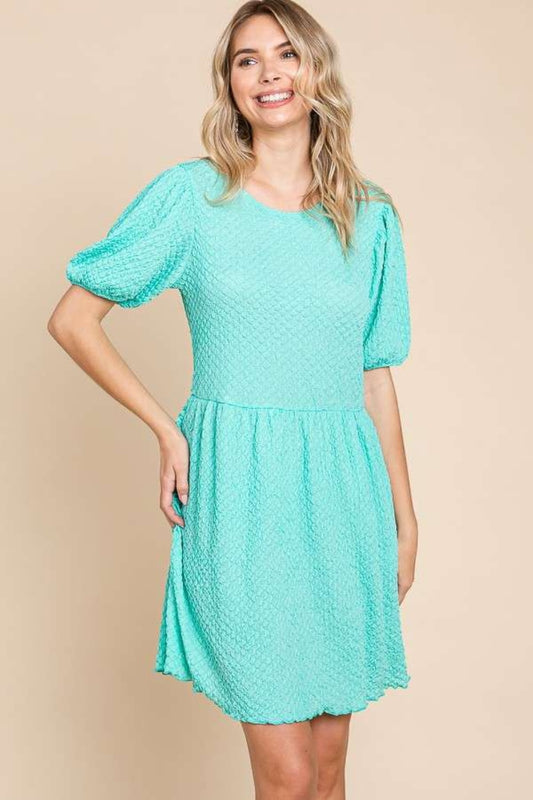 Culture Code Full Size Textured Round Neck Puff Sleeve Dress - Classique Collection