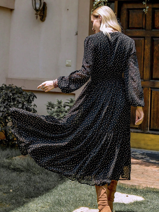 Embroidered Polka Dot Tie Neck Long Sleeve Midi Dress - Classique Collection