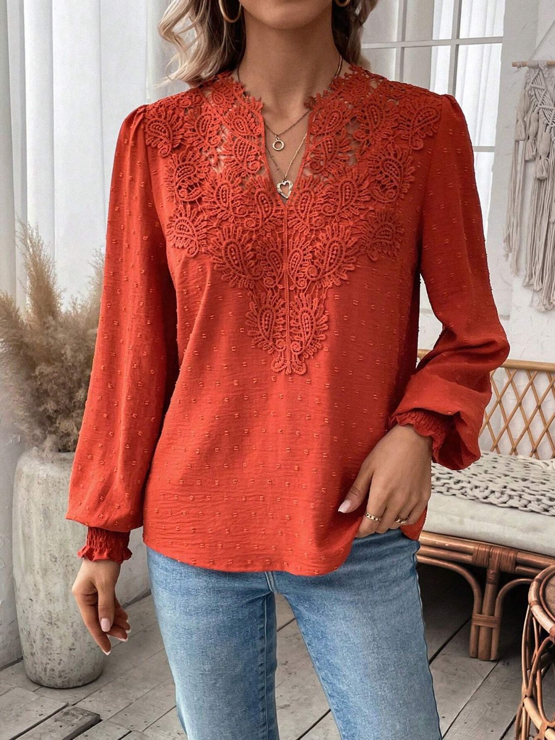 Swiss Dot Lace Detail Notched Long Sleeve Blouse - Classique Collection