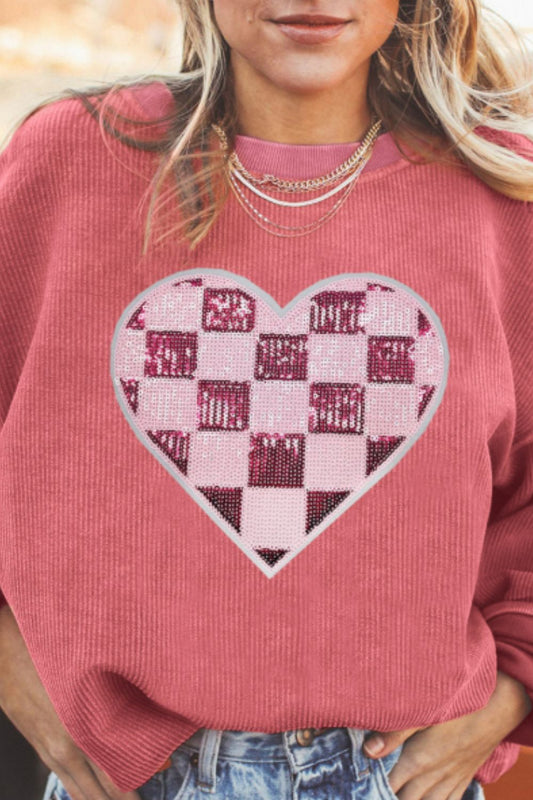 Valentine’s Day Sequin Checkered Heart Long Sleeve Sweatshirt - Classique Collection