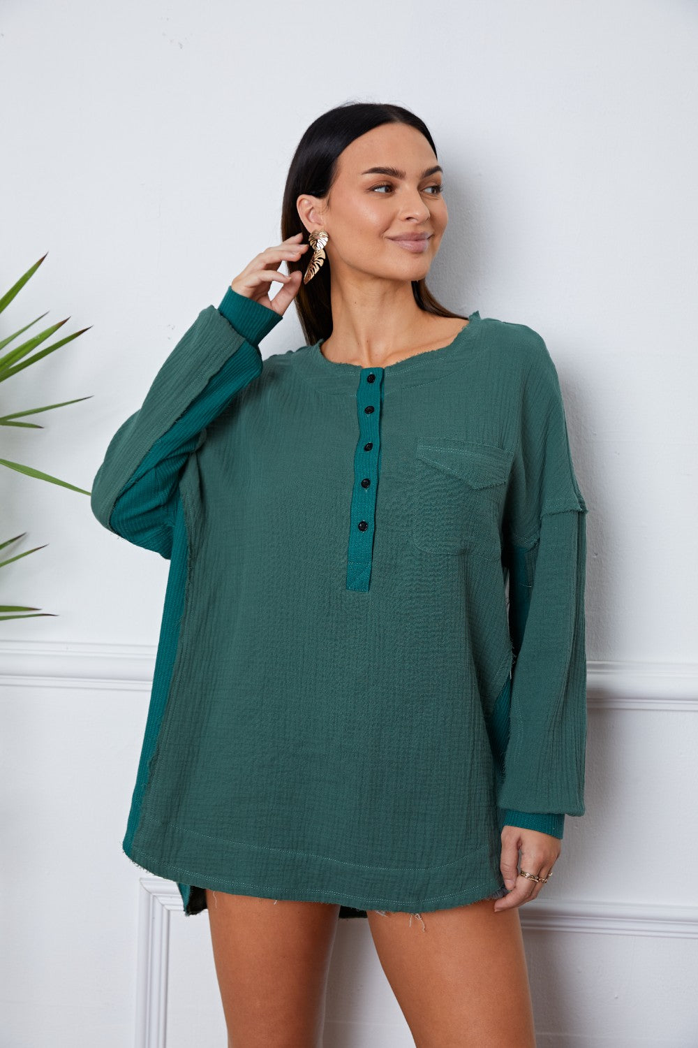 Half Button Up Round Neck Blouse - ClassiQ