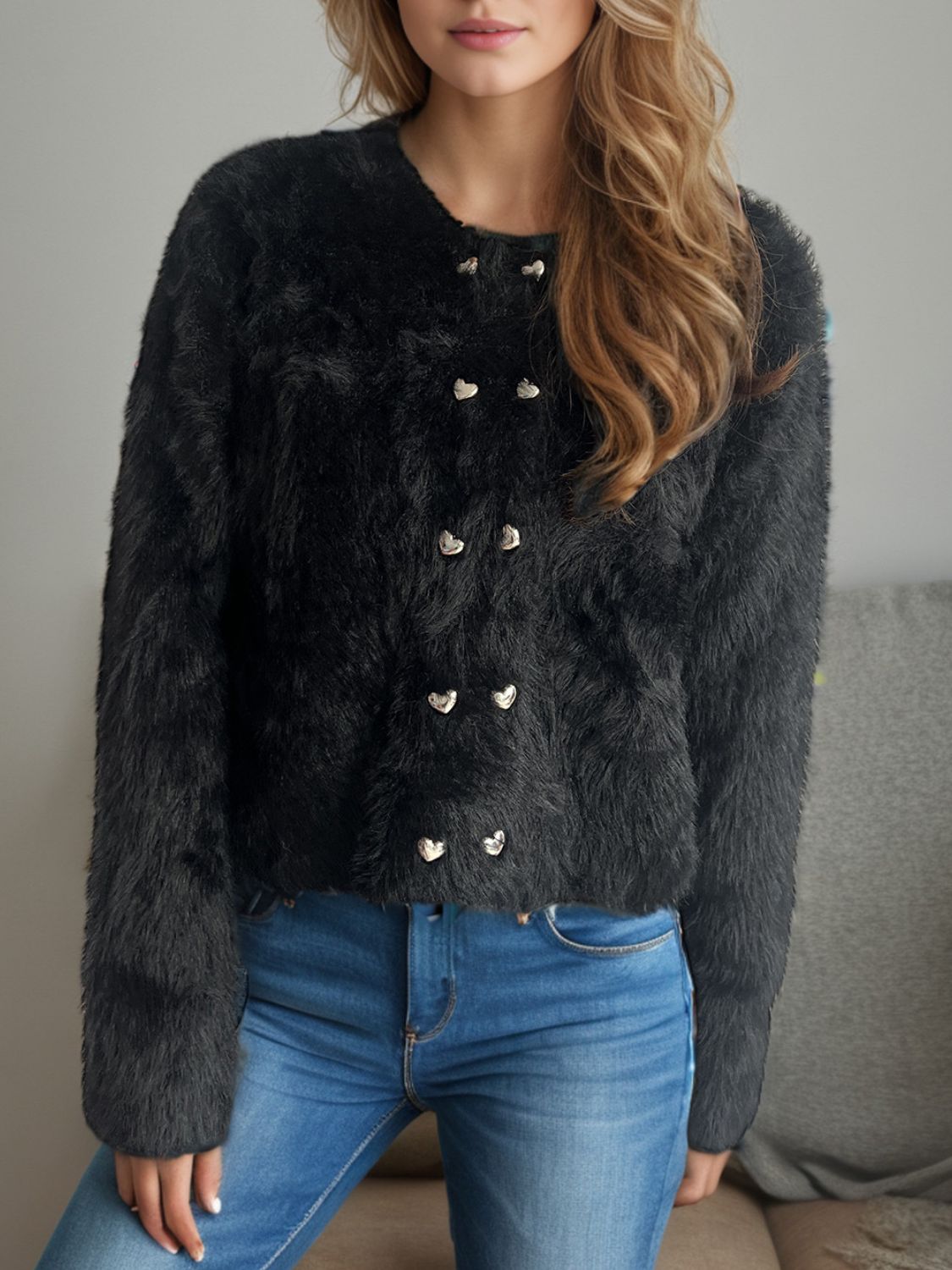 Heart Button Round Neck Cardigan - ClassiQ