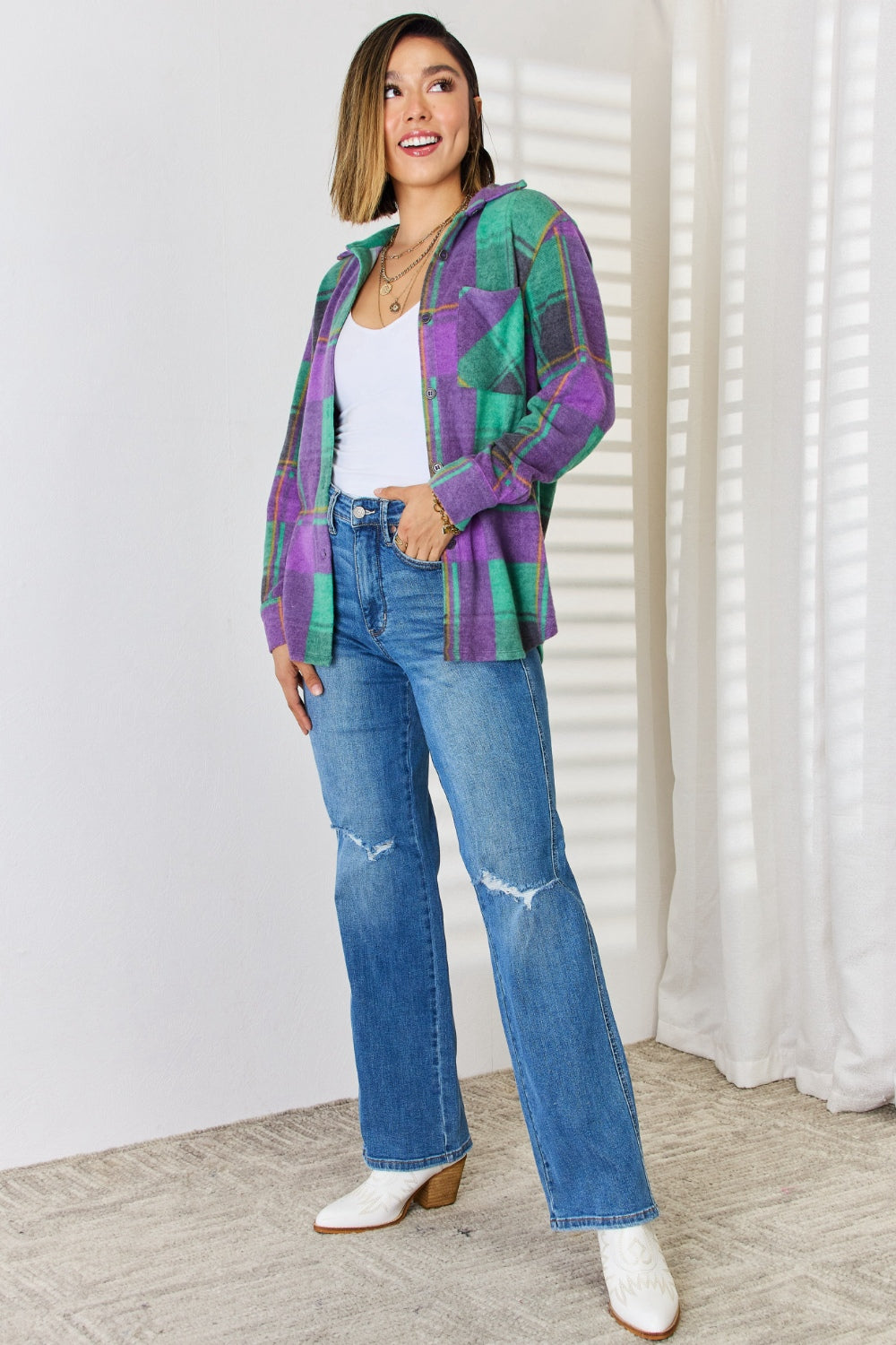Zenana Plaid Button Up Long Sleeve Shacket - Classique Collection