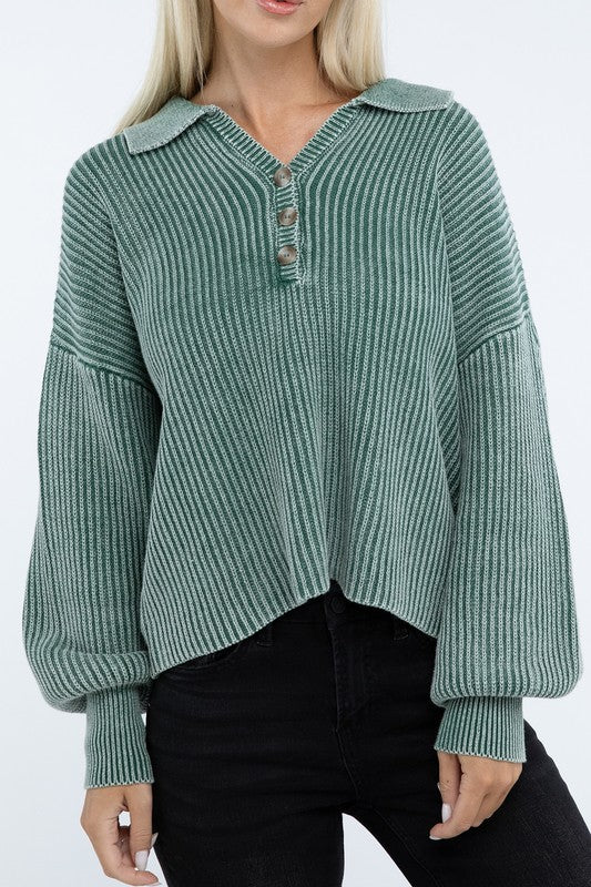 Washed Collared Henley Sweater - Classique Collection