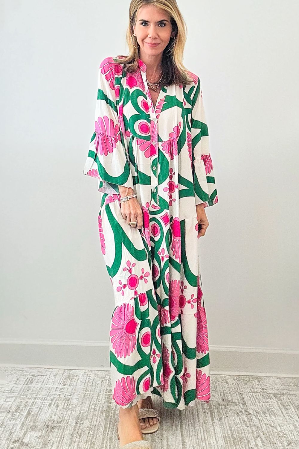 Printed Notched Long Sleeve Maxi Dress - Classique Collection