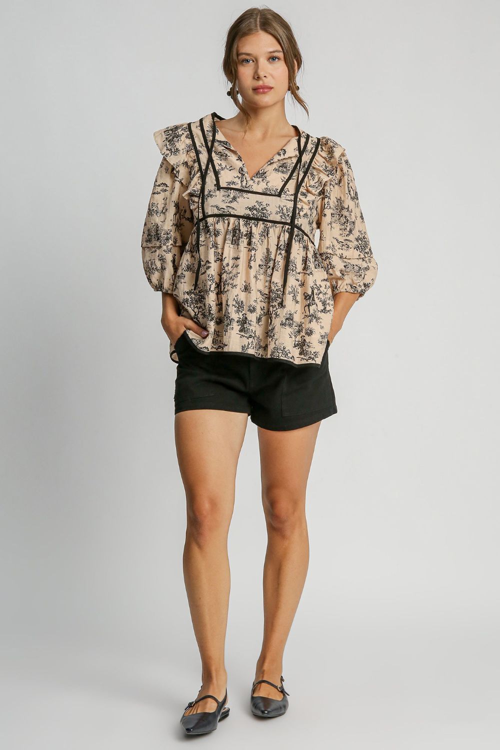 Umgee Ruffled Tie Neck Puff Sleeve Babydoll Blouse - Classique Collection