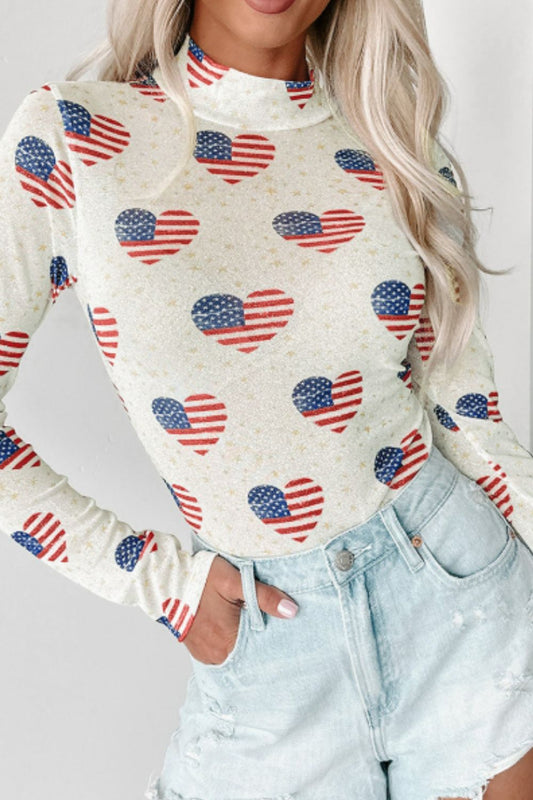 US Flag Heart Mock Neck Long Sleeve Bodysuit - Classique Collection