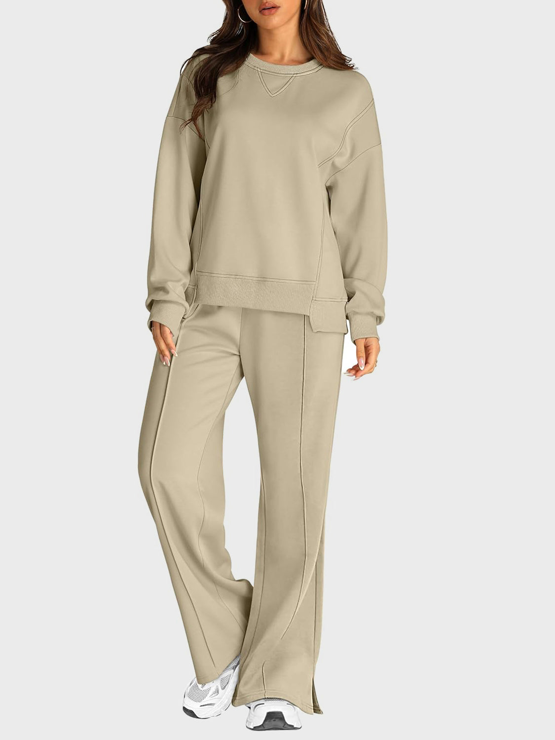 Round Neck Long Sleeve Top and Slit Pants Set - ClassiQ