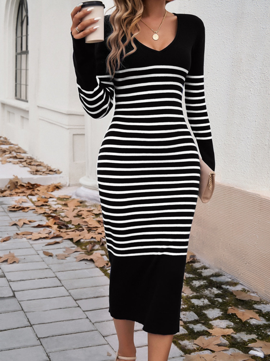 Devine Striped V-Neck Long Sleeve Sweater Dress - Classique Collection