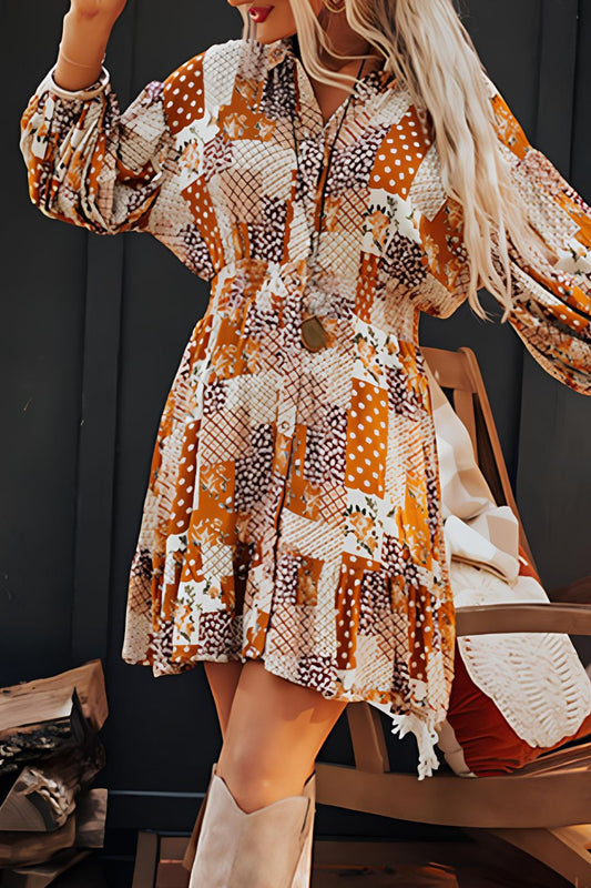 Printed Collared Neck Three-Quarter Sleeve Mini Shirt Dress - Classique Collection
