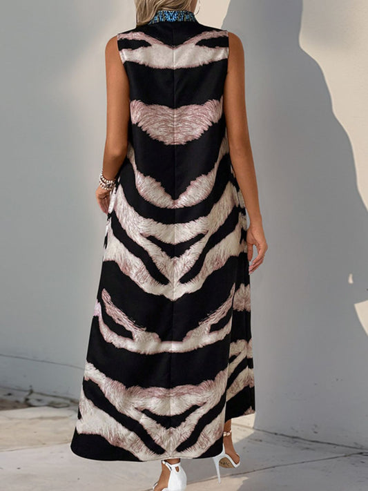 Perfee Printed Notched Sleeveless Dress - Classique Collection