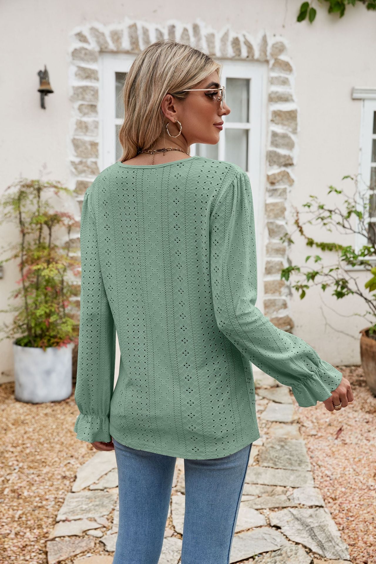 Eyelet Lace Trim Flounce Sleeve Blouse - Classique Collection