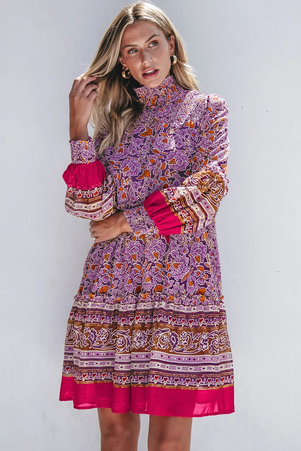 Smocked Floral Turtleneck Long Sleeve Dress - Classique Collection