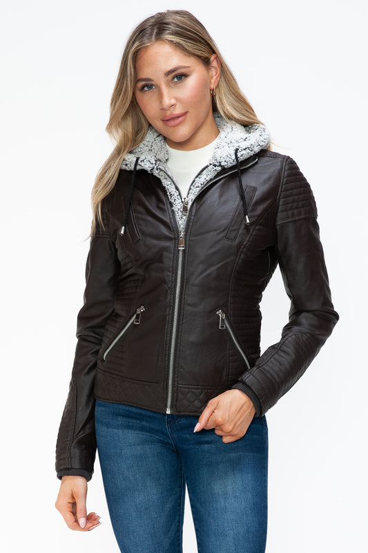 YMI Faux Layered Double-Zipper Jacket with Fuzzy Hood - ClassiQ