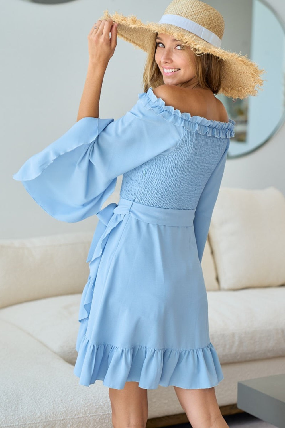 BiBi Smocked Ruffled Front Tie Mini Dress - Classique Collection